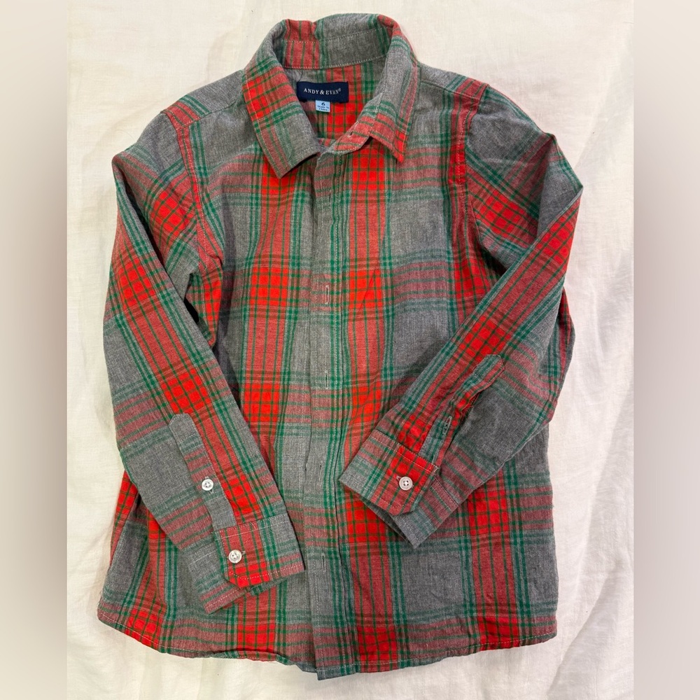 Andy & Evan Boys Plaid Button-Down Shirt Size 6 | Holiday Red Green | EUC